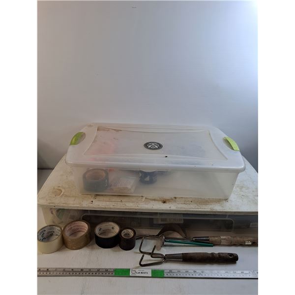 (2) Storage Containers with Various Tapes and Garden Tools