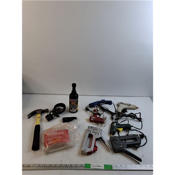 (4) Glue Guns As Is, (2) Staple Guns, Misc