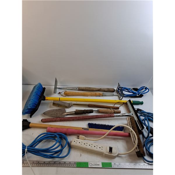 (4) Extension Cords As Is, Various Garden Tools, (4) Rubbermaid Waste Baskets