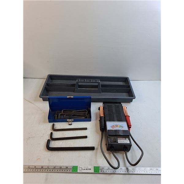 Motomaster Battery Tester Untested As Is, Assorted L Shaped Wrenches, Plastic Toolbox