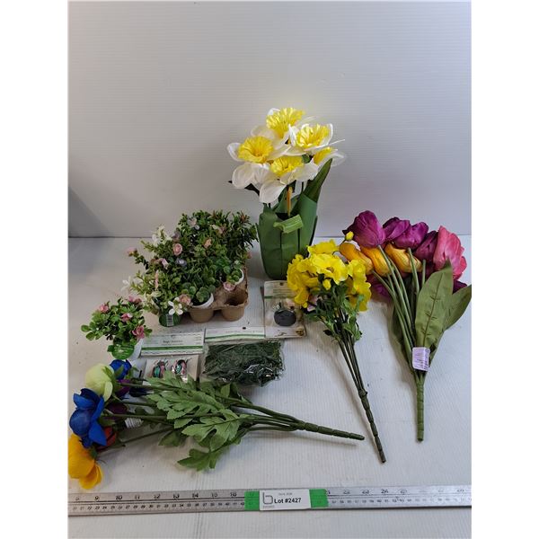 (1) Box Plastic Flowers, Garden Themed Decor