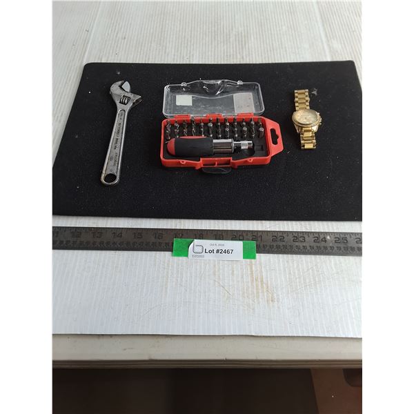 Screwdriver and Bit Set, Adjustable 8 Inch Wrench, & Michael Kors Watch