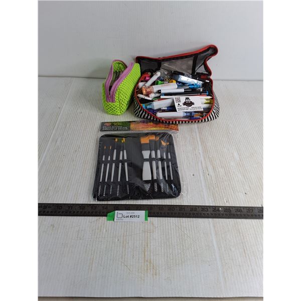 10-Piece Sealed Paintbrush Set, Assorted Stationery Supplies, (2) Pencil Cases