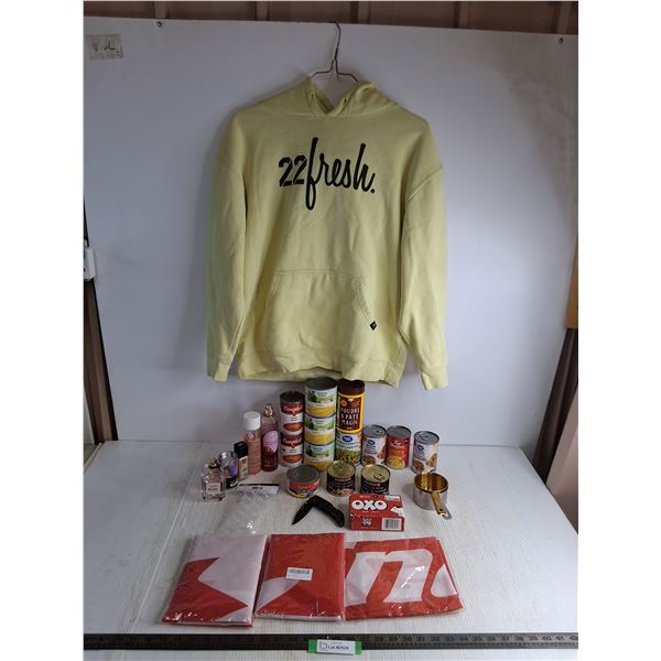 Assorted Canned Goods, Perfumes, Sealed Flags, Husky Pocket Knife, Large Hoodie, Misc. - Cannot Ship
