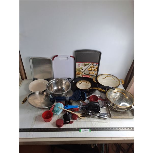 Assorted Kitchenware including Gotham Steel Pots & Pans & Unused Baking Sheets