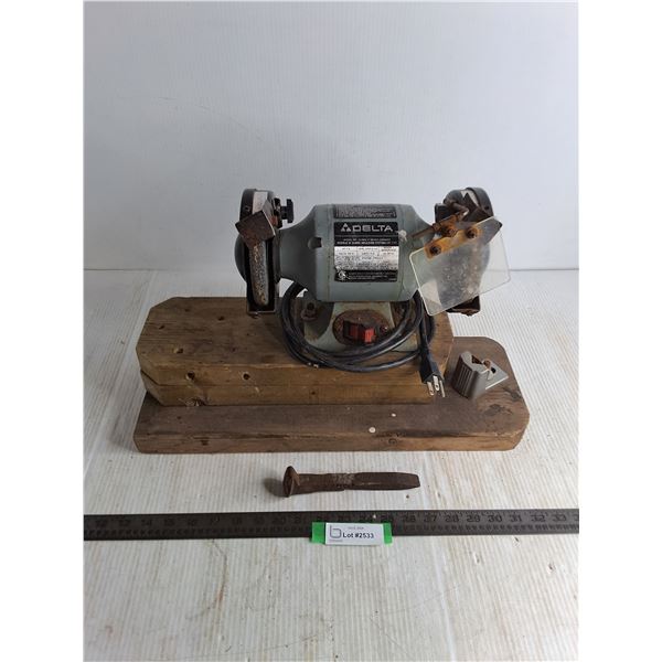 Delta Electric Bench Grinder w/Wooden Base - Working - 20x12x8", Spike - Cannot Ship