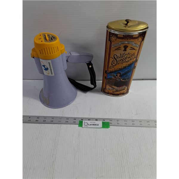 Handheld Electric Megaphone, Damaged - Metal Spaghetti Box, Dented Lid