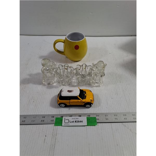 (1) Ceramic Mug - (4) Glass Candle Holders - (1) Toy Car - As Is