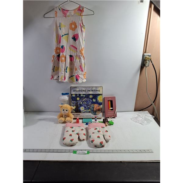 Girls (Age 6) Small Dress - Diamond Painting Kit - Colored Pencil Kit - Assorted Toys - As Is
