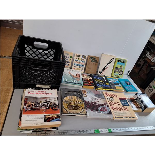 Milk Crate 13" x 13" x 11" & Books- Motorcycles, Sask. Trivia, Flat Belly Diet, Misc. Can't Ship