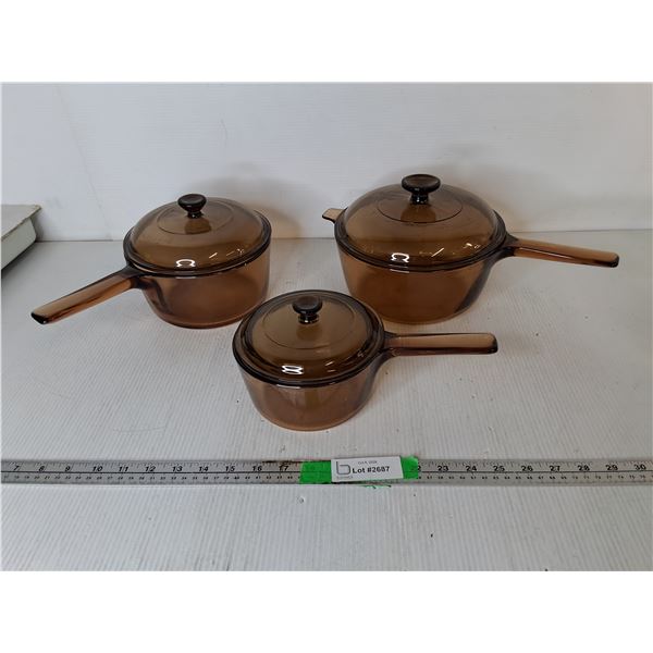 (3) Pyrex Glass Pots & Lids