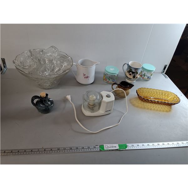 Glass Punch Set, Creamers, Food Chopper- Powers On, Misc.