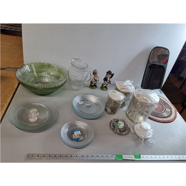 Glass Plates/Pitcher, Plastic Bowls, Dutch Style Figurines, Misc.