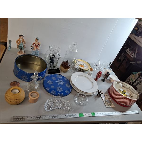 (3) Fine China Dinner Plates, Candle Snuffer, Glass Cruet, Misc. Can't Ship