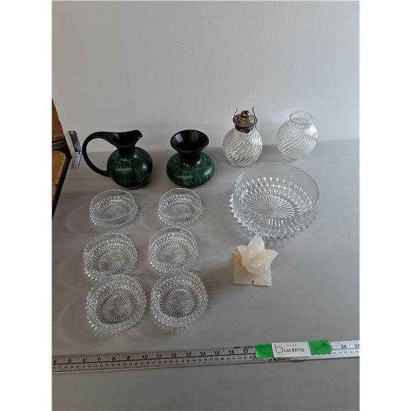 Glass Dessert Bowls, Blue Mountain Pottery Style Pitcher & Vase, Stone Candleholder, Misc.