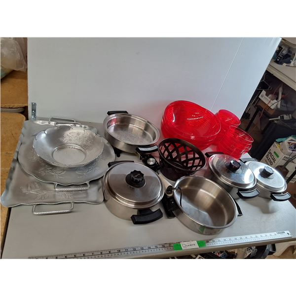 Plastic Bowl Set, Metal Serving Tray 23" x 12.5", Skillet- Powers On, Misc. Can't Ship