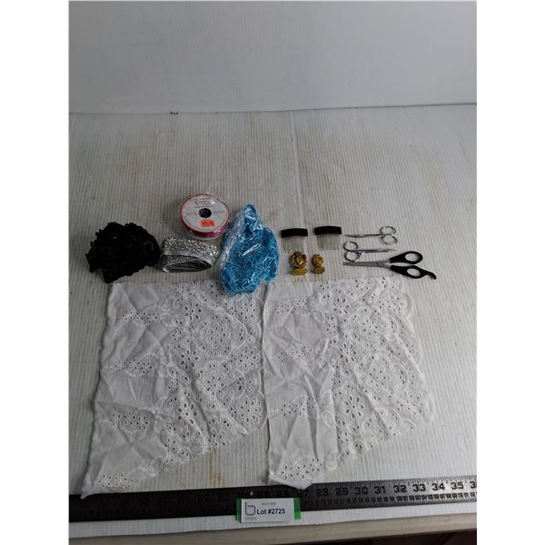 Trim Ribbon Rolls, Fabrics, Tassels, Stamps, Scissors, Misc.