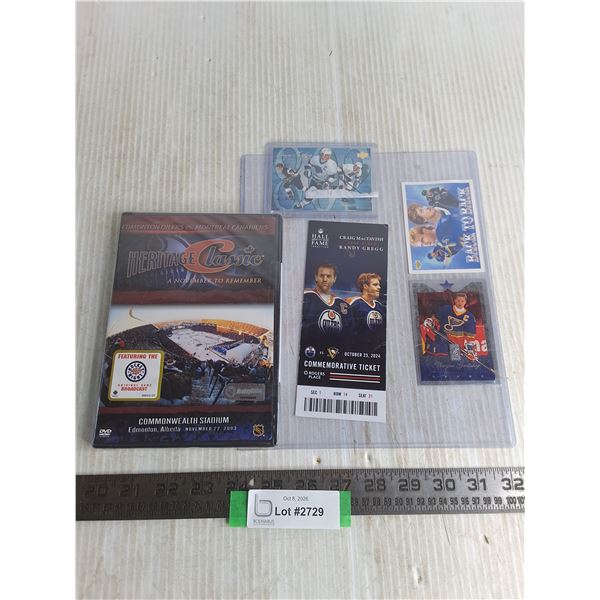 (3) Wayne Gretzky Cards, Oilers Game Ticket, Sealed Heritage Classic DVD - Cannot Authenticate