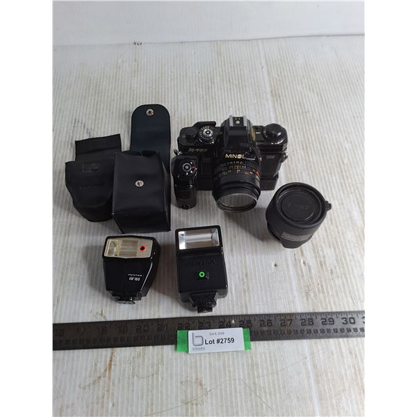 Minolta X-700 Camera w/Zoom Lens & Pentax Flashes