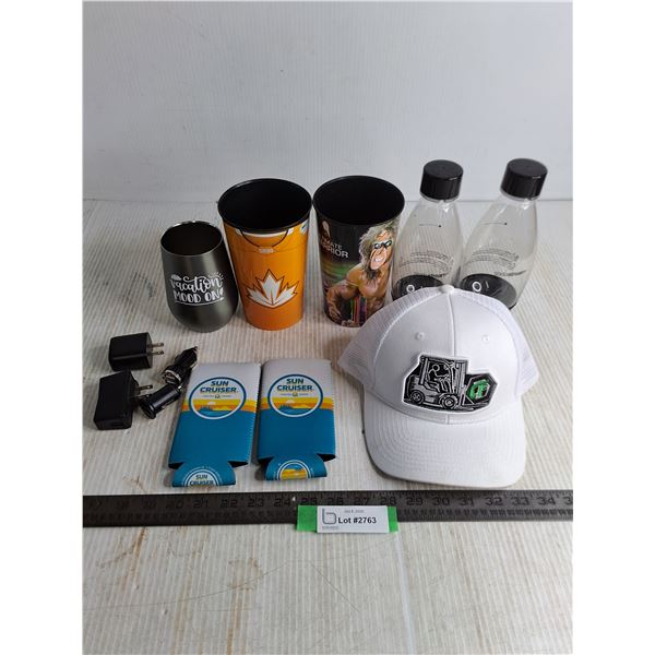 Assorted Drinkware, Bottle Cozies, Charger Blocks, CF Forklift Ball Cap