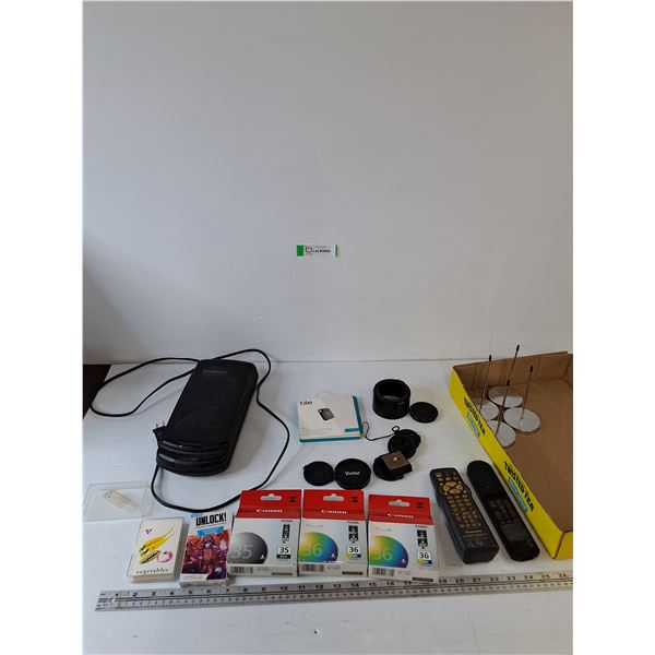 Ambico Video Cassette Rewinder and Remotes All As-Is, Assorted Camera Lens Covers, Coop Card Game