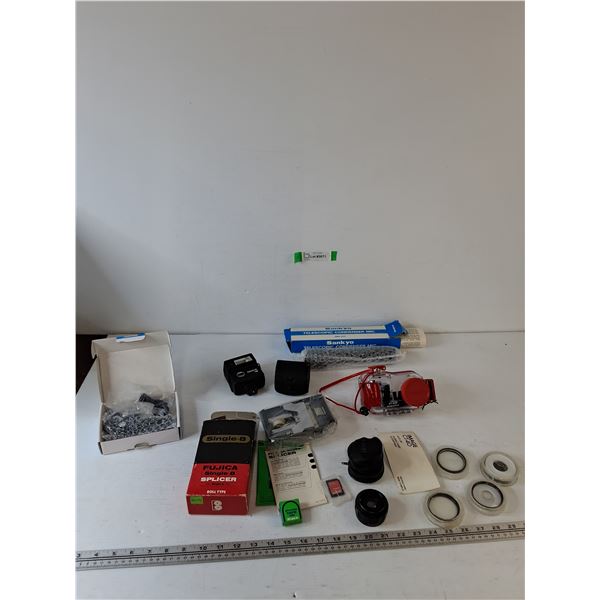 Telescopic Mic Untested, Underwater Camera Case, Fijica Film Splicer, MicroSD, Assorted Lenses