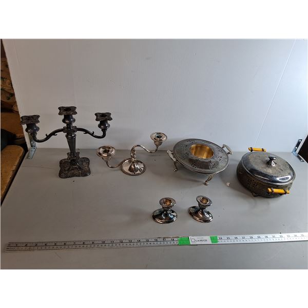 Brass Plated Candleholders, Casserole Holder & Chafing DIsh Set