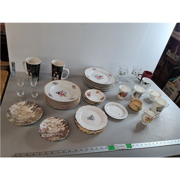 Porcelain/Bone China Plates, Creamer, Shot Glasses, Misc.