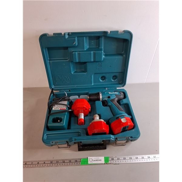 Makita 14.4V Drill, (3) Batteries, Charger & Case- As Is