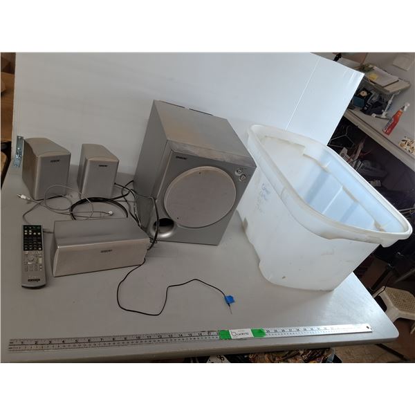 Sony Speaker System-Powers On & Plastic Storage Tote 26" x 16" x 12.5"- Can't Ship