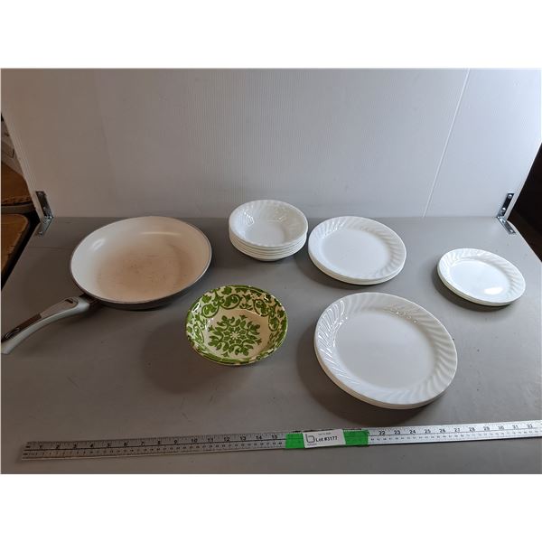 Smart Living Frying Pan, Corelle & Melamine Dishes