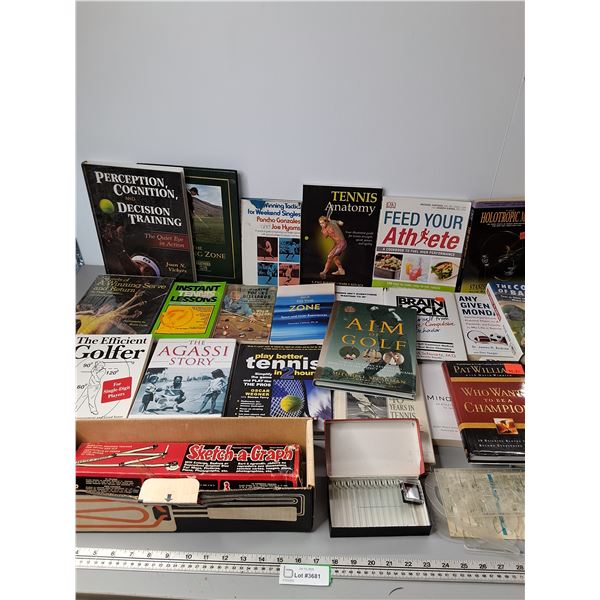 Assorted Sports/Health Books, Stencils/Rulers, Etc