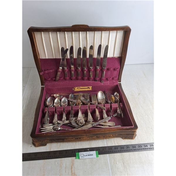Vintage Stainless Steel & Silver Plated Cutlery, Wooden Storage Box - 17x12x4 
