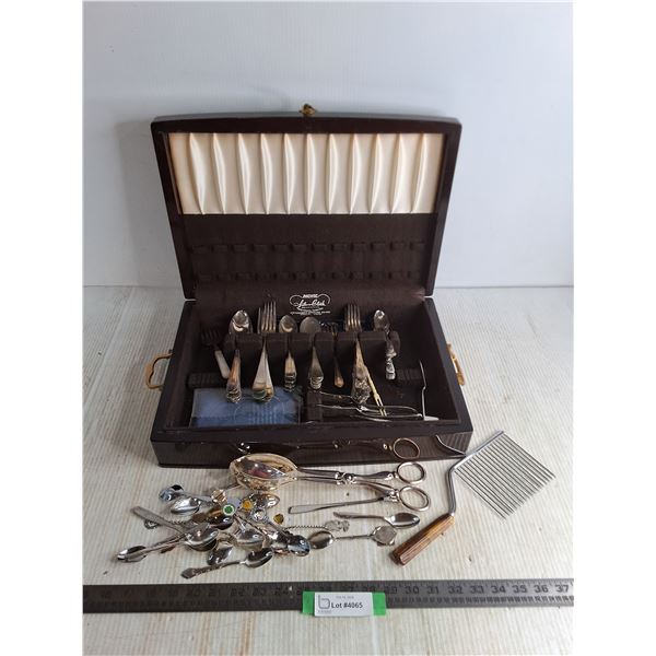 Vintage Stainless Steel & Silver Plated Cutlery, Wooden Storage Box - 17x12x4 