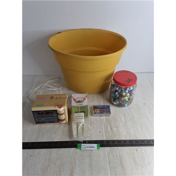 Jar of Marbles, P'jammer Alarm Clock - Powers On, Sealed Salad Tongs, Playing Cards, Plastic Bin