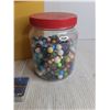 Image 2 : Jar of Marbles, P'jammer Alarm Clock - Powers On, Sealed Salad Tongs, Playing Cards, Plastic Bin