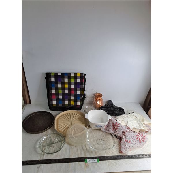 Assorted Kitchenware, Fabric Pieces, School Bag, Vases, Vacuum Dock Station