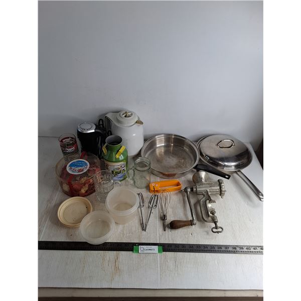 Assorted Kitchenware, Moravia Meat Grinder, Carafe, Blender - Tested, Misc.