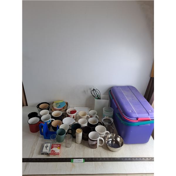 Large Quantity of Coffee Mugs, Kitchenware, Playing Cards, Storage Tote, Misc.