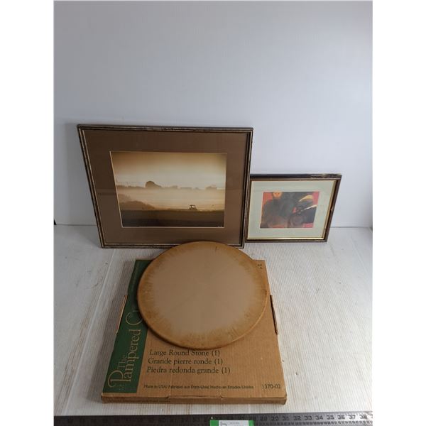 Pampered Chef 15  Round Stone Ovenware, Framed Wall Decor - Largest 19  x 17 