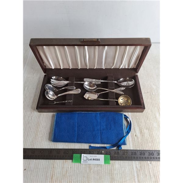 Assorted Utensils w/Wooden Storage Box & Roll-Up Storage