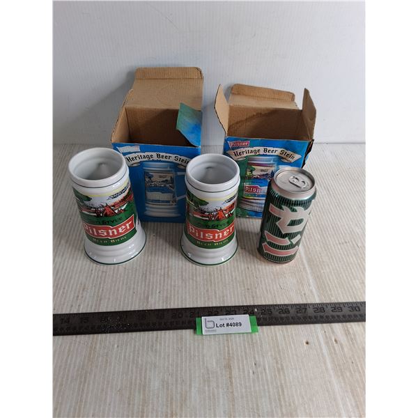 (2) Ceramic Pilsner Steins, Tall Can of Lite Beer - Cannot Ship