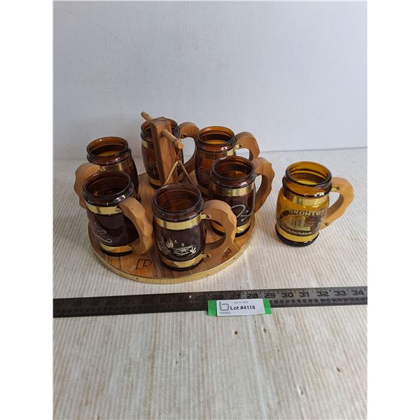 (7) Amber Glass Beer Steins w/Wooden Tray for 6, Dinner Triangle