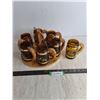 Image 1 : (7) Amber Glass Beer Steins w/Wooden Tray for 6, Dinner Triangle