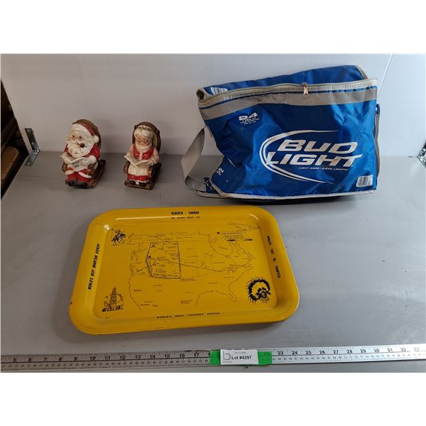 Mr. & Mrs. Clause Coinbanks, Alberta Metal Tray 17.5  x 12.75 ,  Bud Light Cooler Bag- Broken Zipper