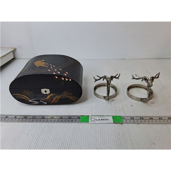 (2) Metal Deer Style Napkin Rings & Wooden Peacock Musical Jewelry Box- Working