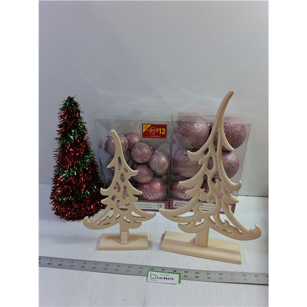 Christmas Decor - Ornaments, Wooden Trees, Tinsel Tree