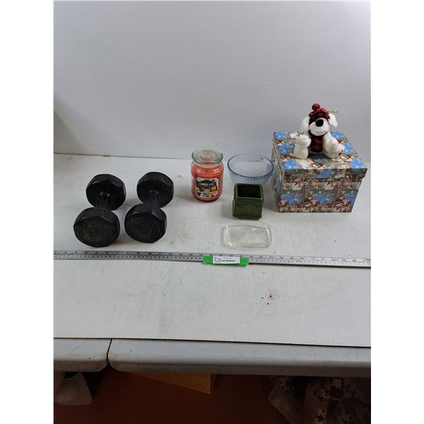 (2) Five Pound Weights - Sunlit Mandarin Berry Candle - Misc Glasswear - Christmas Dog - Gift Box