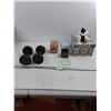 Image 1 : (2) Five Pound Weights - Sunlit Mandarin Berry Candle - Misc Glasswear - Christmas Dog - Gift Box