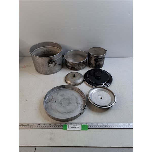 (3) Assorted Metal Pots w/ Lids of Various Sizes - Pot Holder Claw - As Is